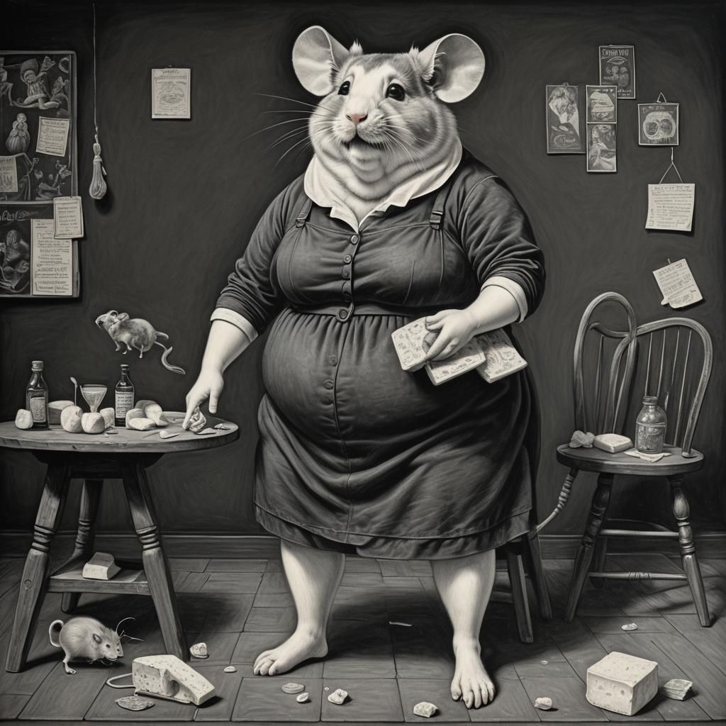 Charming Woman, Mouse and Cheese: Chalk Art