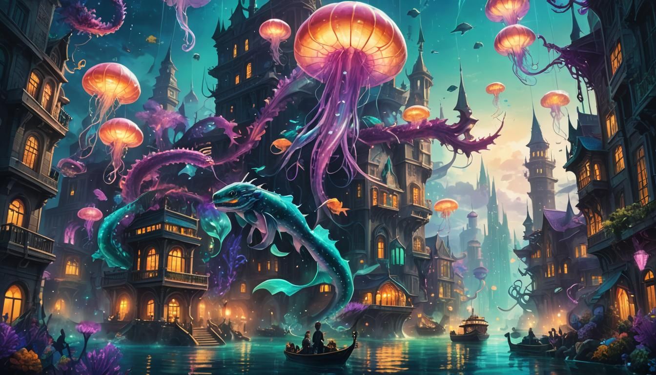 Underwater City with Leviathan in Watercolor Style