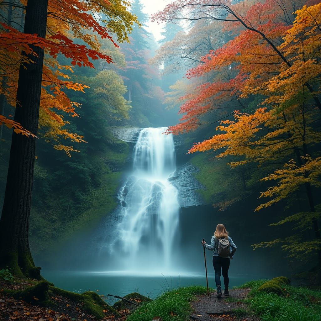 Autumnal Waterfall Scene with Hiker in Soft Light