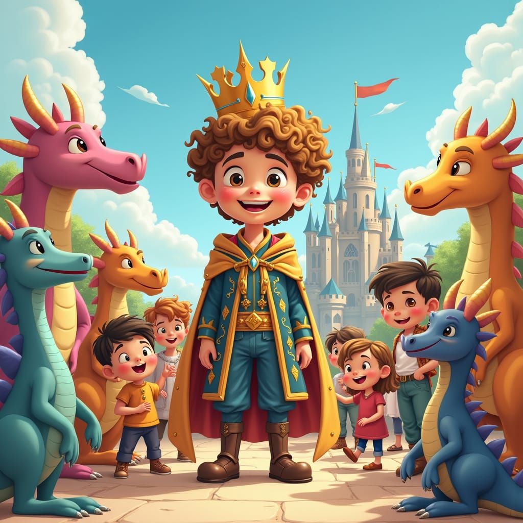 Royal Kingdom Scene with Children and Dragons in Whimsical I...