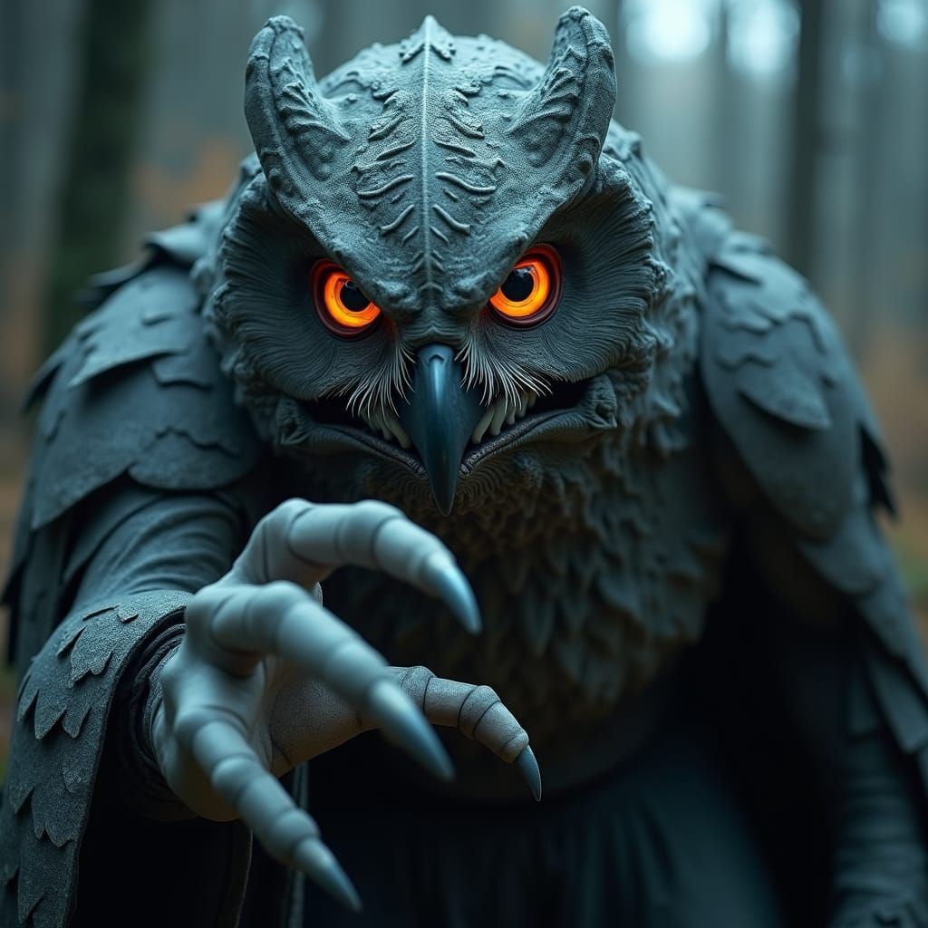 Menacing Owl-Human Hybrid in Digital Art Style