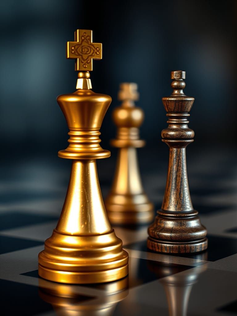 Golden Pawn Beside Regal Queen Figure in Moody Chessboard Sc...