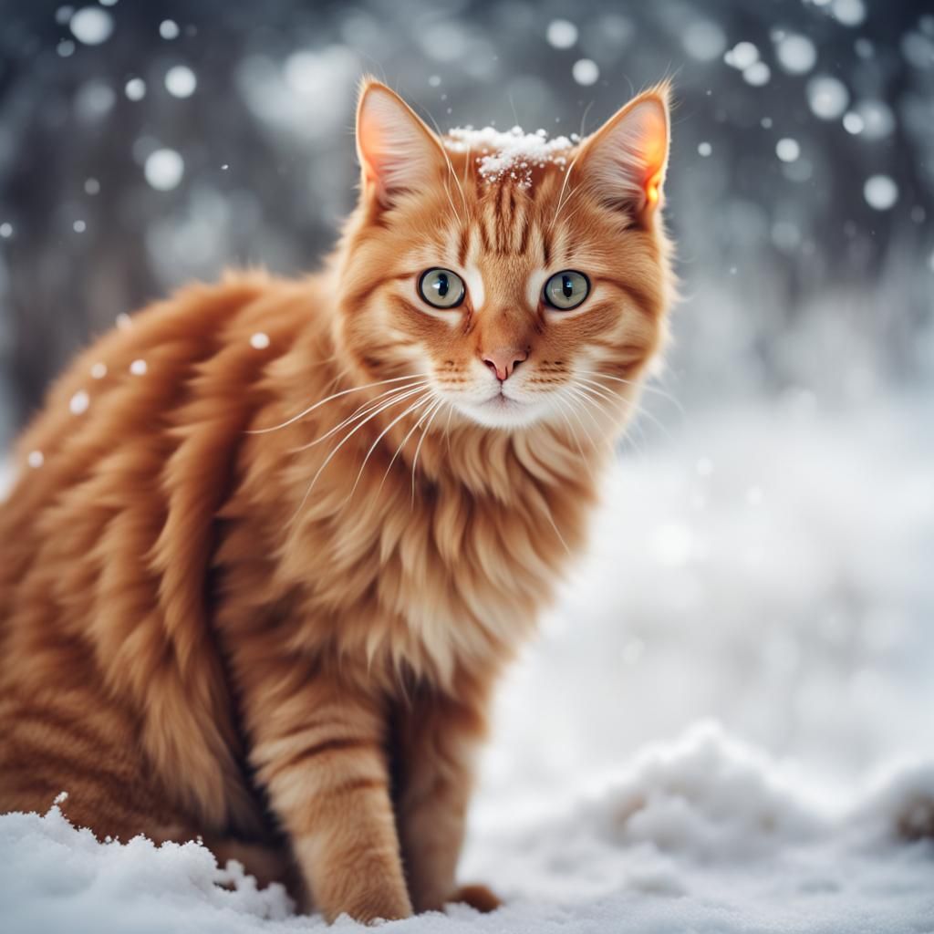 Ginger Cat in Snow, Realistic Ultra HD Render