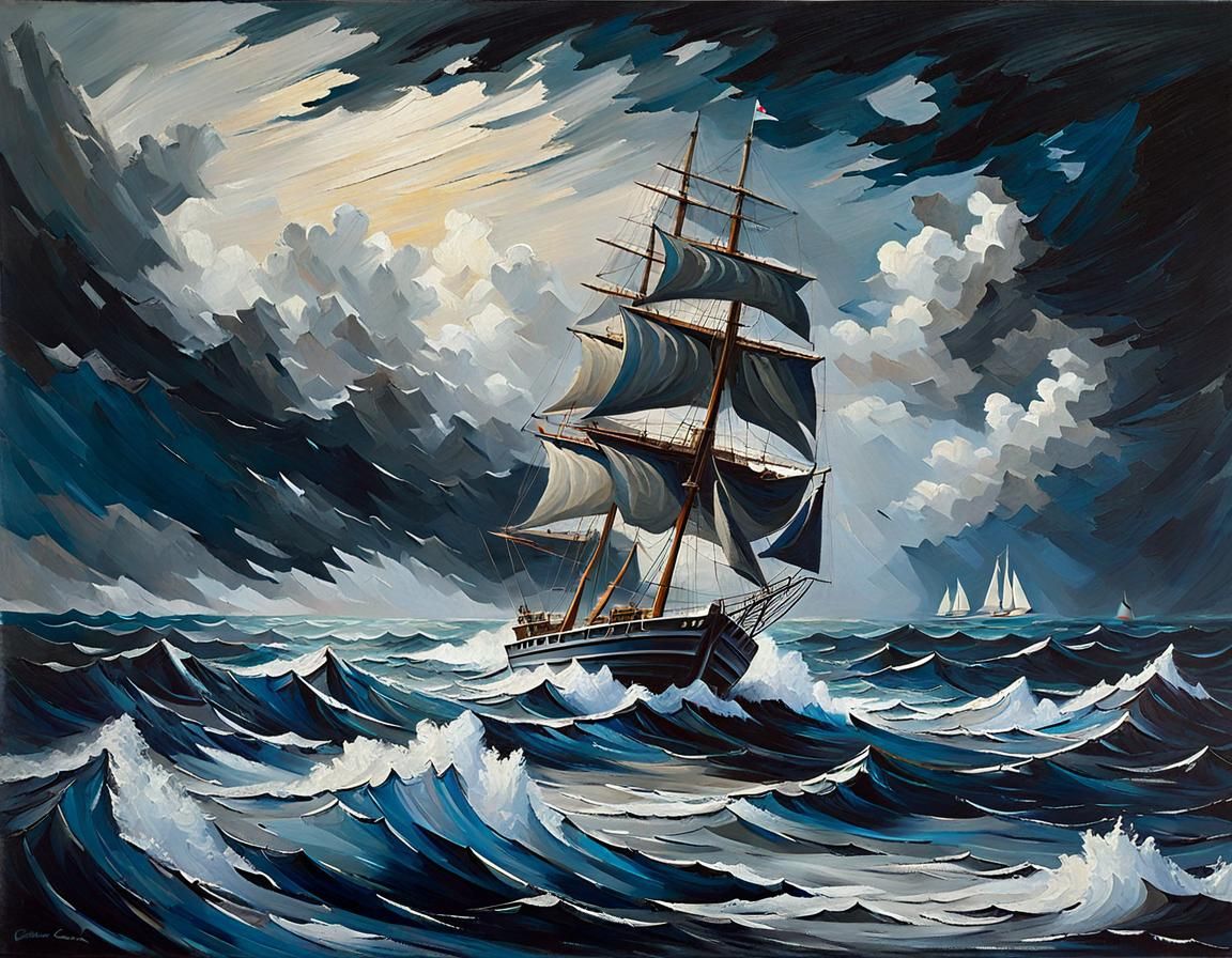 Sailing Boat in Stormy Ocean: Dramatic Oil Painting