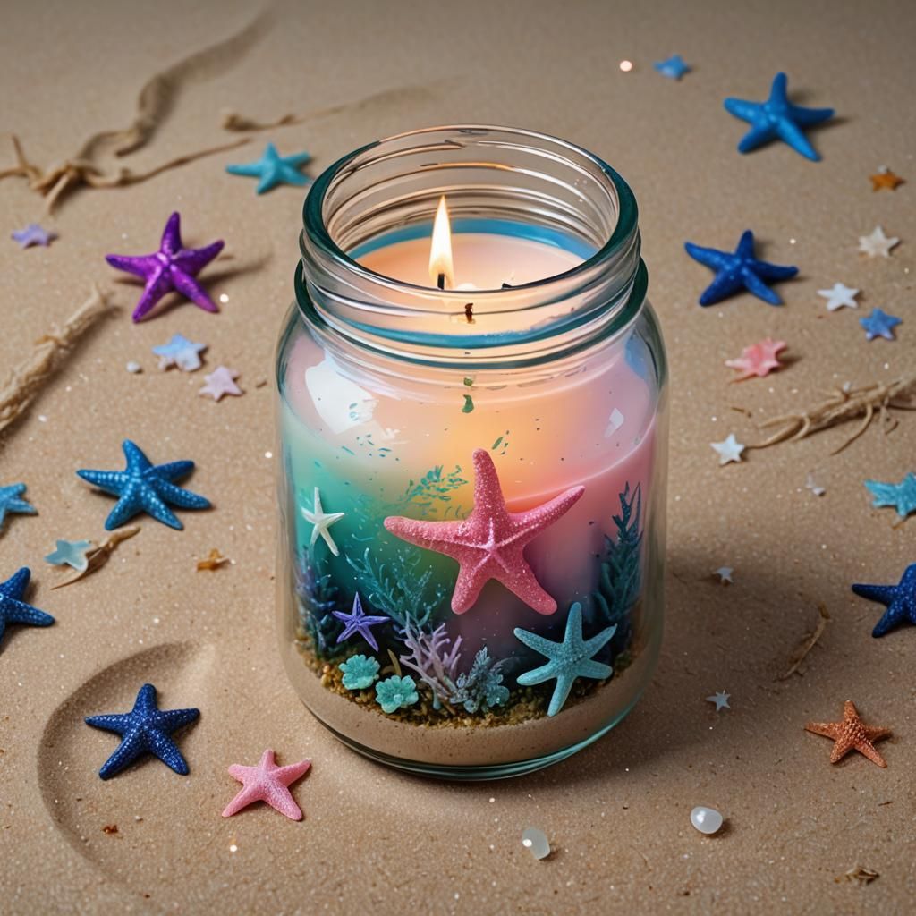 Starfish and Candle in Mason Jar, Astral Illustration