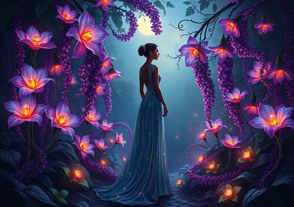 Enchanting Twilight Garden with Gemstone Gown, Art Nouveau