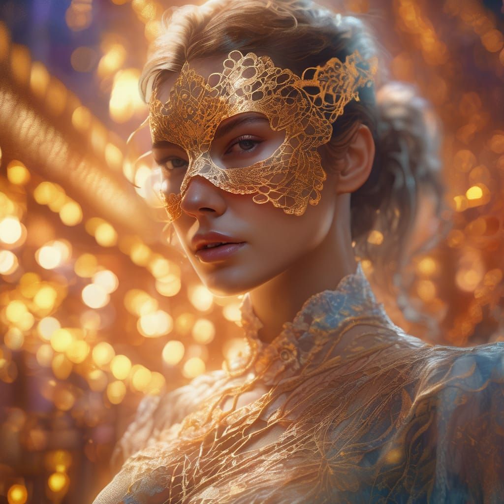 Woman in Lace Mask, Vibrant Oil Painting Style