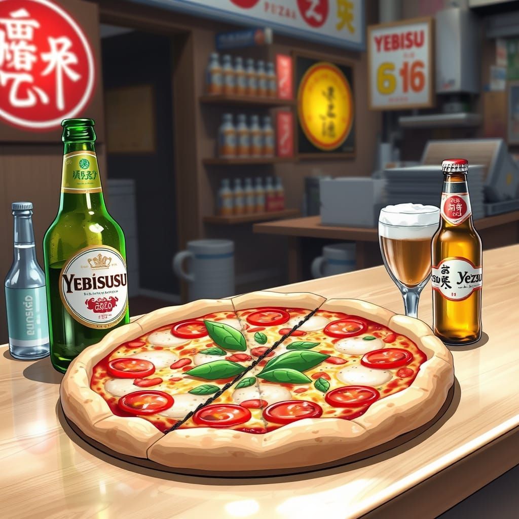 Margherita Pizza and Yebisu Beer in Anime Style