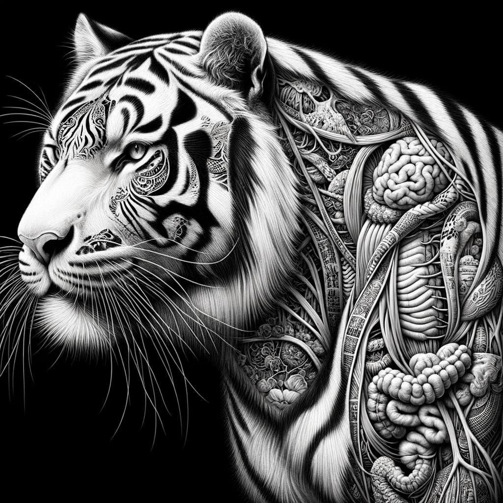 White Tiger with Chinese Tattoos: Charcoal Sketch