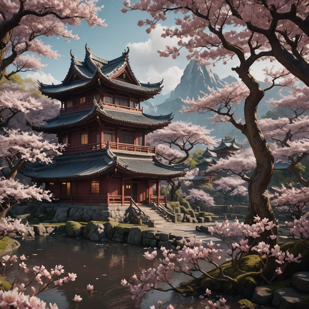 Cherry Blossoms Around Tea House in Detailed Matte Painting