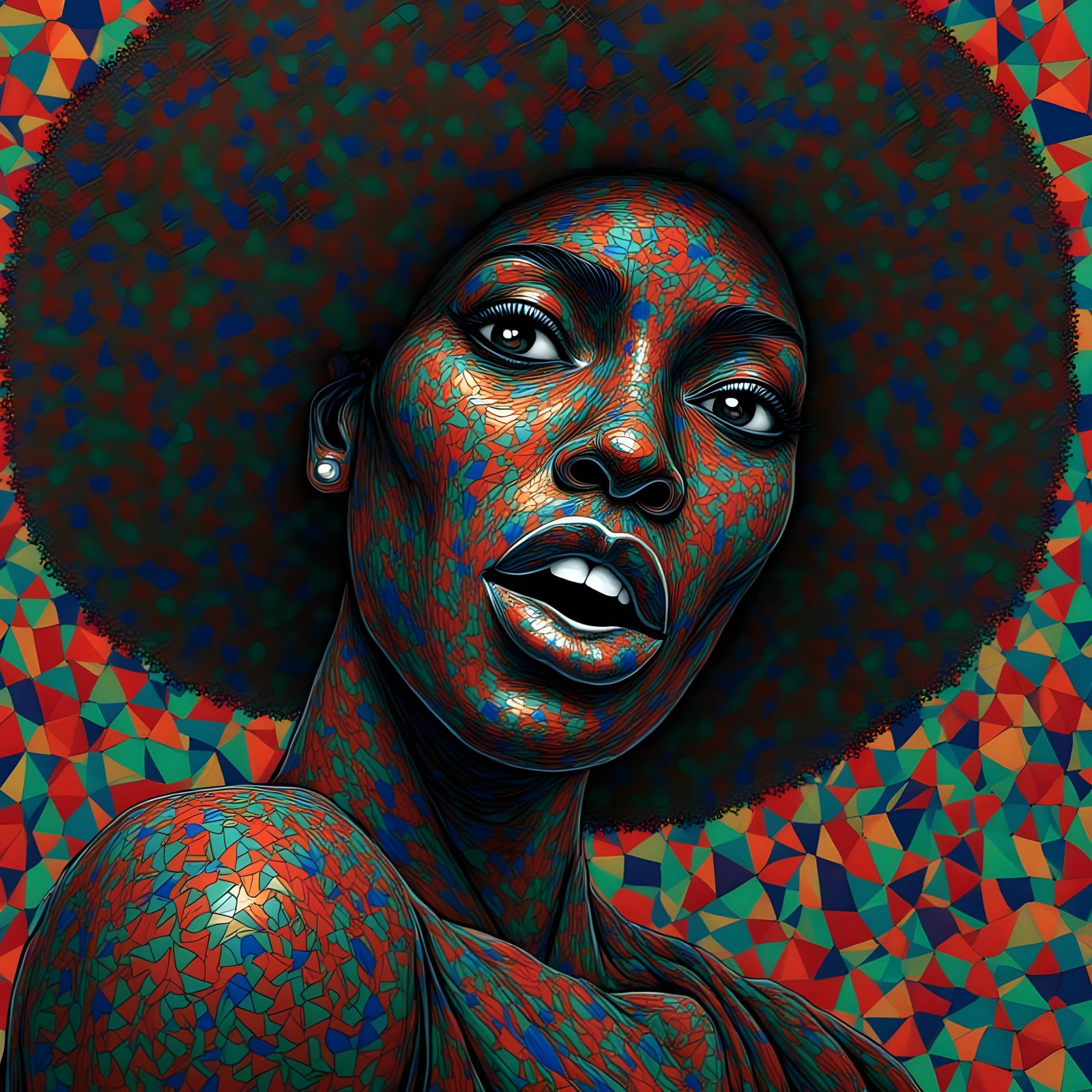 Black Woman in Glitch Art Style with Fractal Patterns