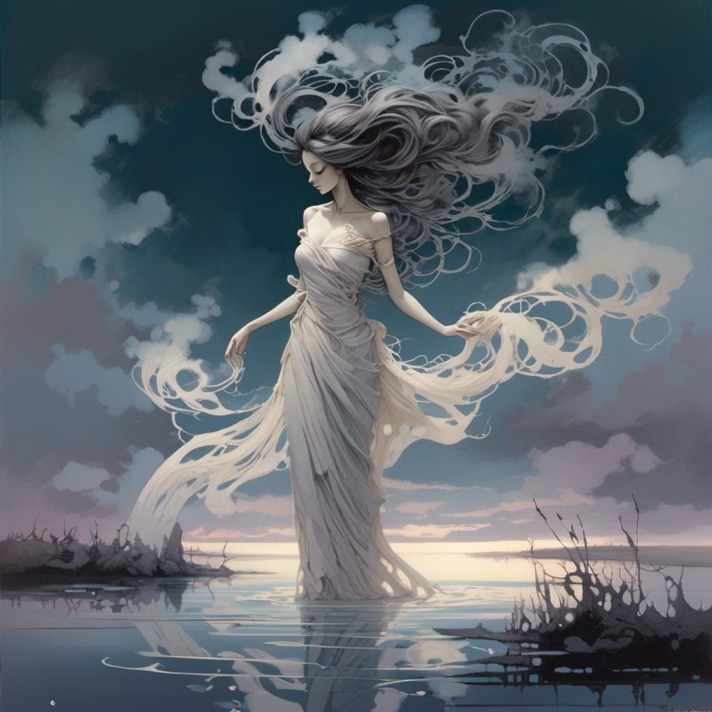 Ghostly, ethereal Woman walking over a moonlit lake