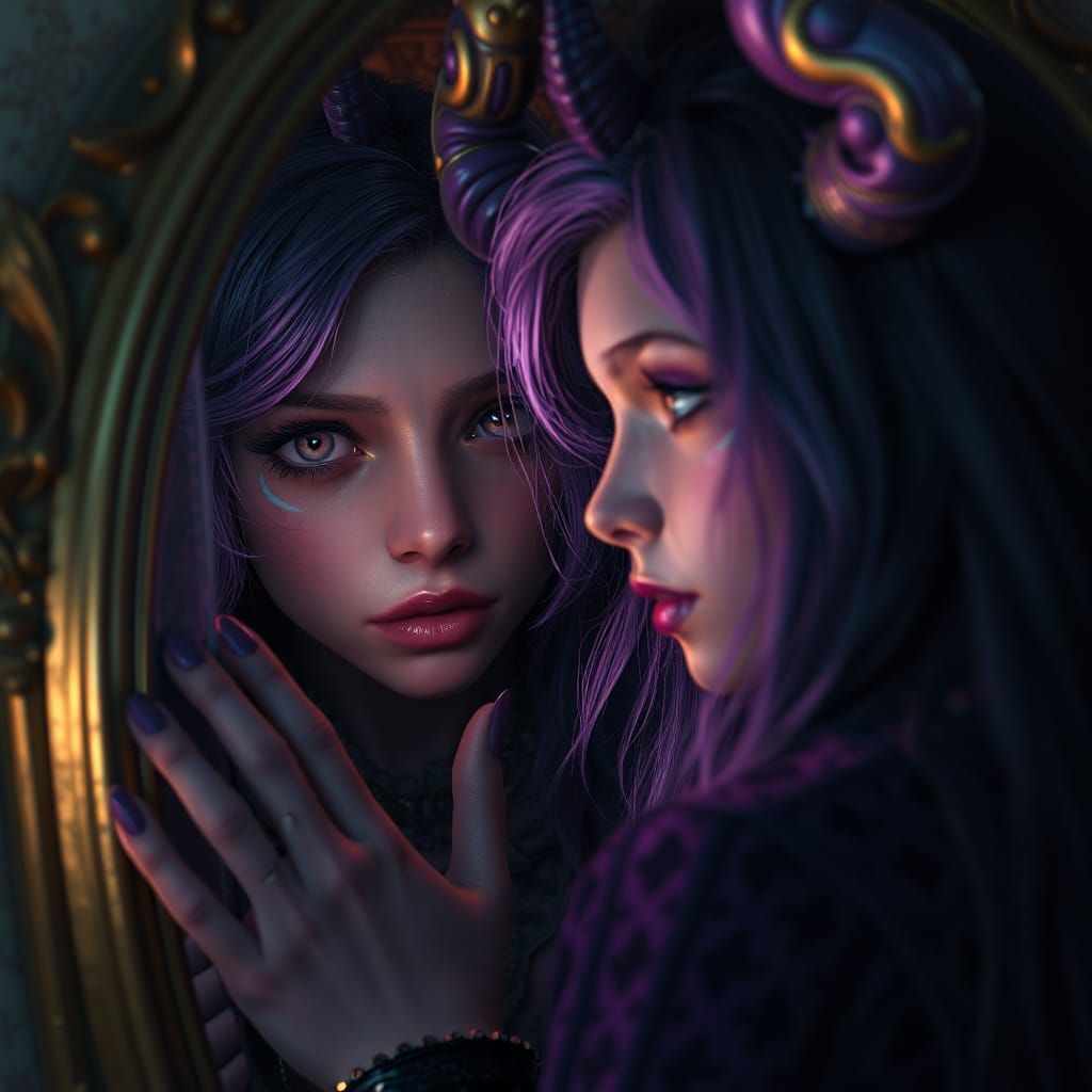 Pagan Woman Gazing into Mirror: Dark Fantasy Art