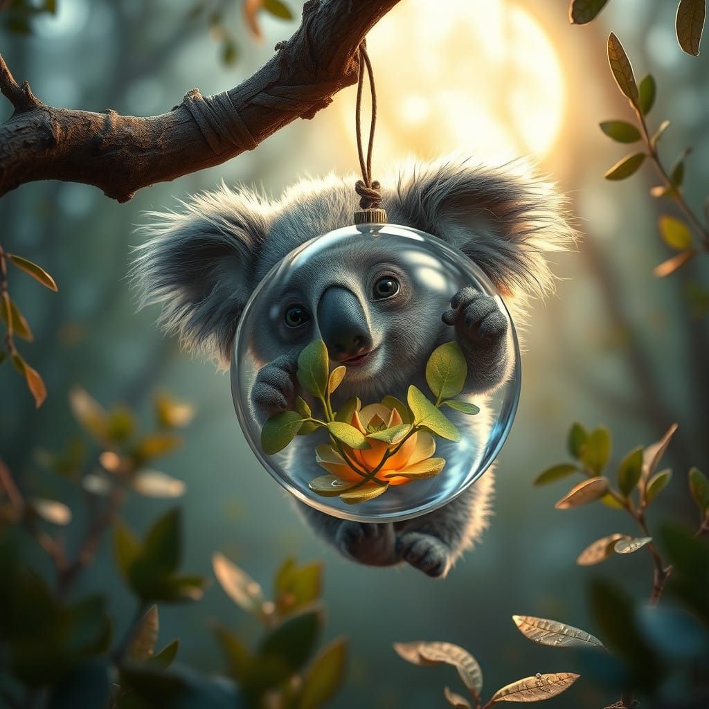 Baby Koala Reaches for Enchanted Eucalyptus in Glass Orb
