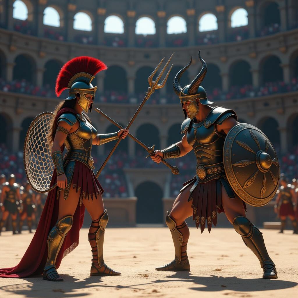 Elf Gladiatrix Battles Demon in Roman Colosseum
