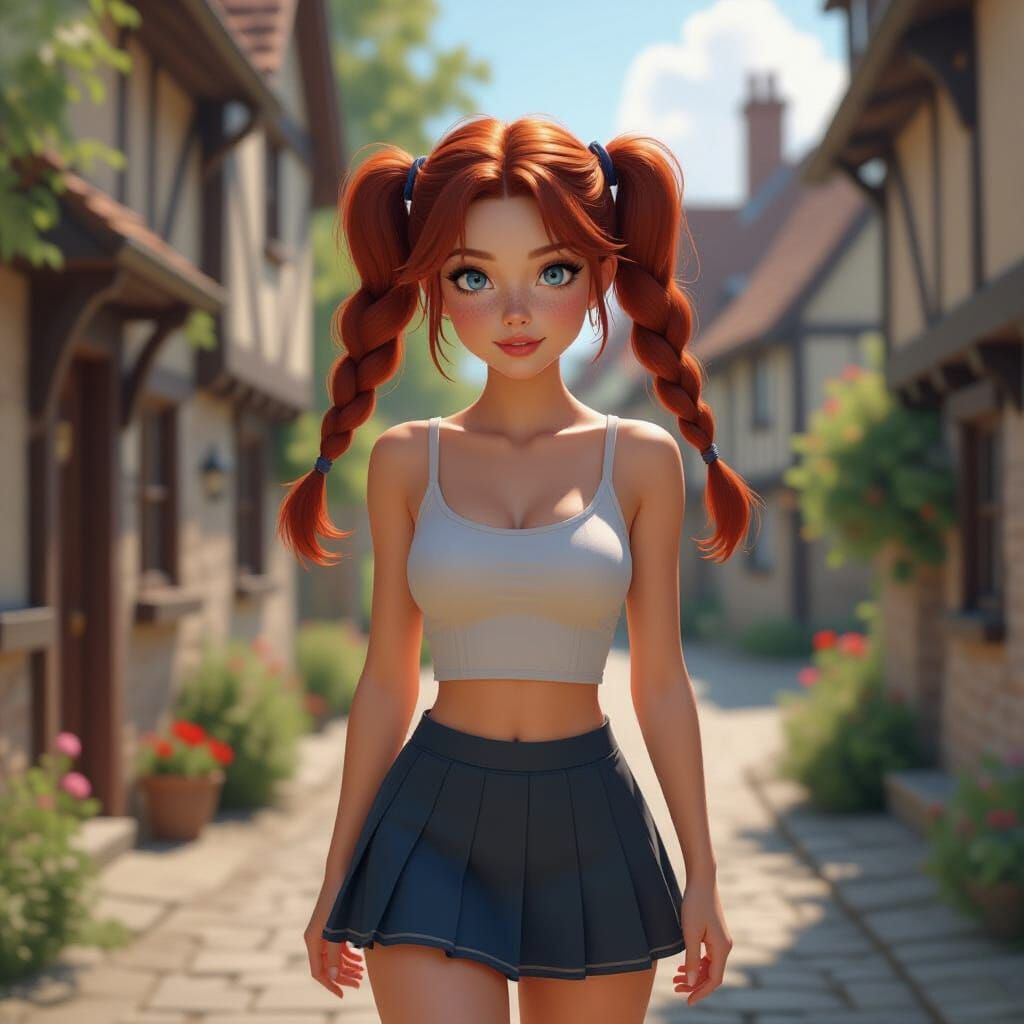 Red-Haired Woman in English Village, Concept Art Style