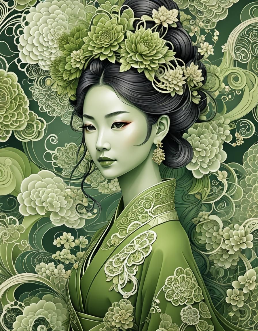 Japanese Matcha Woman in Abstract Fractal Style