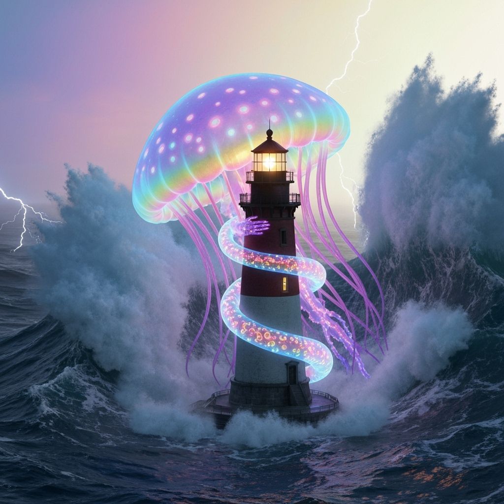 Glowing Jellyfish Hugging Lighthouse: 3D Digital Art