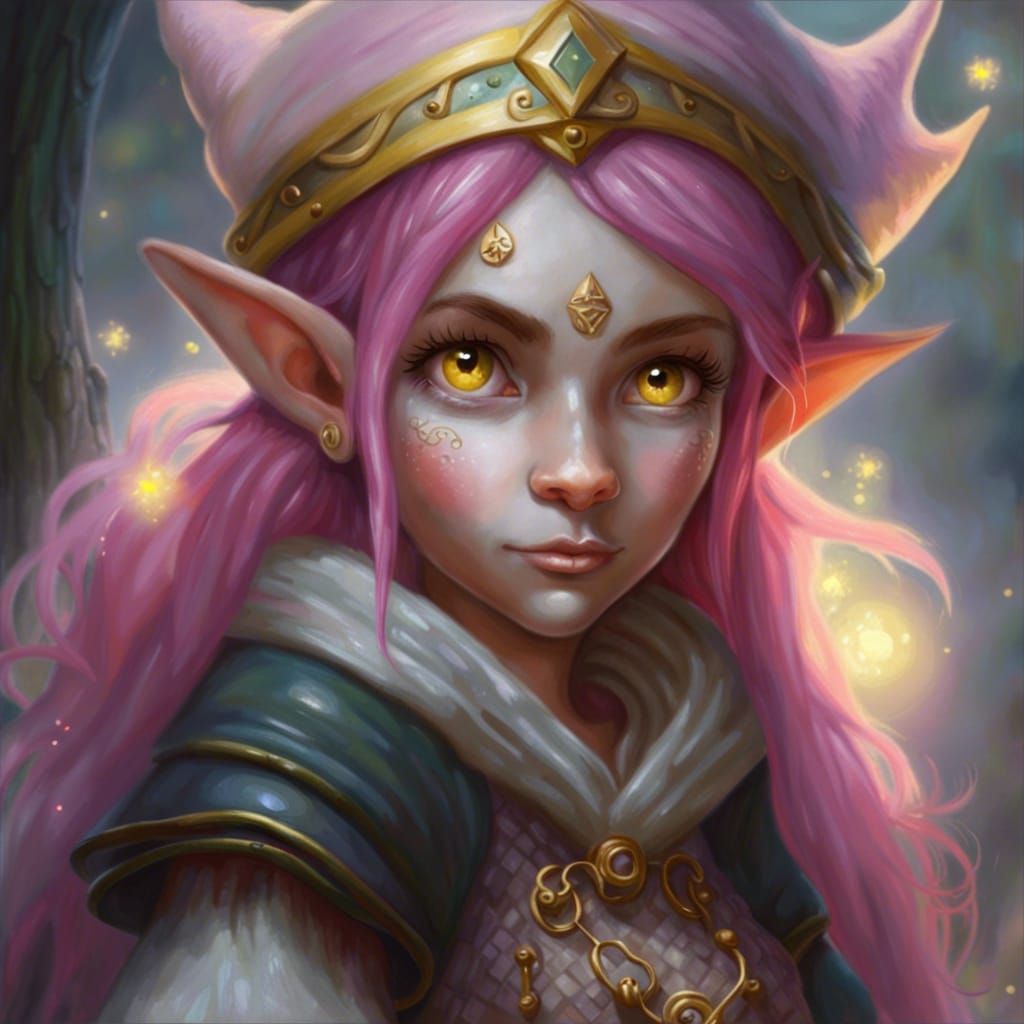 Gnome Sorceress with Pink Hair in Ethereal Style