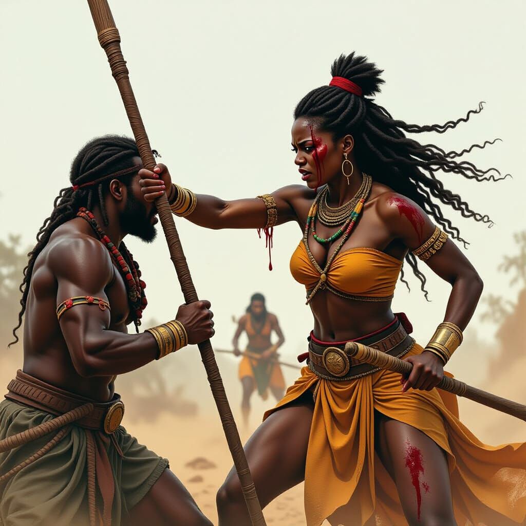 Fierce African Queen in Battle, Comic Book Art