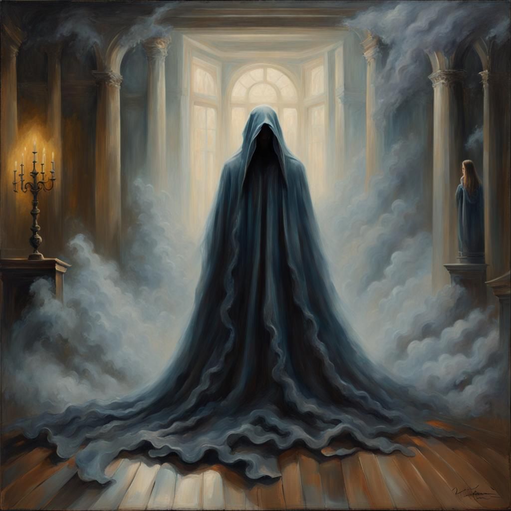 Ethereal Ghostly Figure at Virtual Concert, Oil Painting