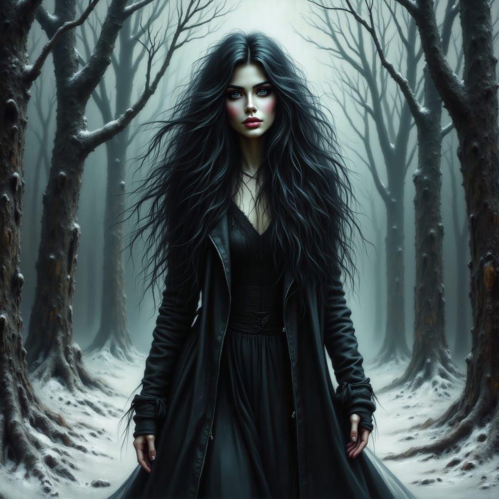 Dark-Haired Woman in Snowy Forest, Gothic Horror Style
