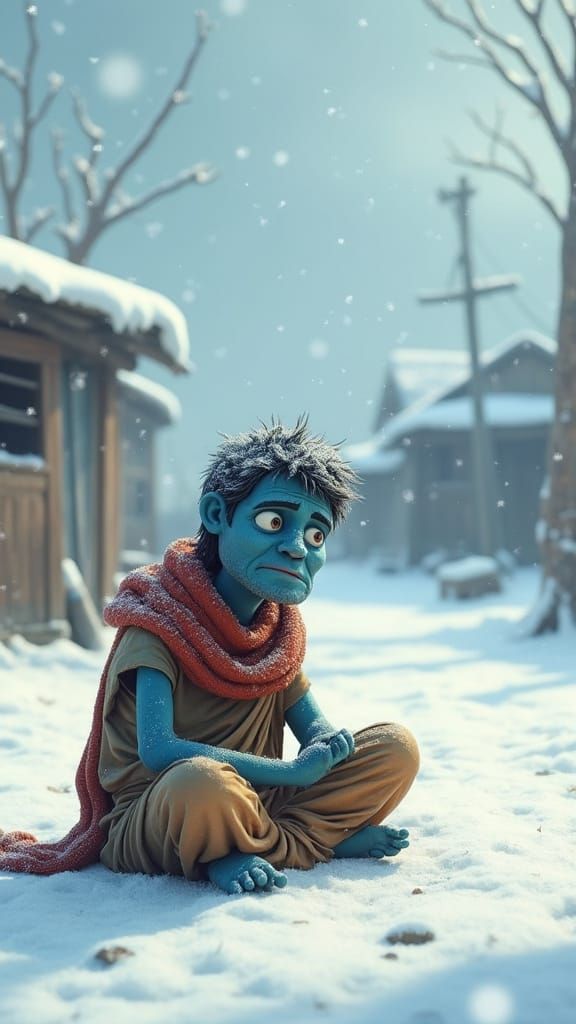 Poor Farmer in Freezing Cold, 3D Cartoon Style