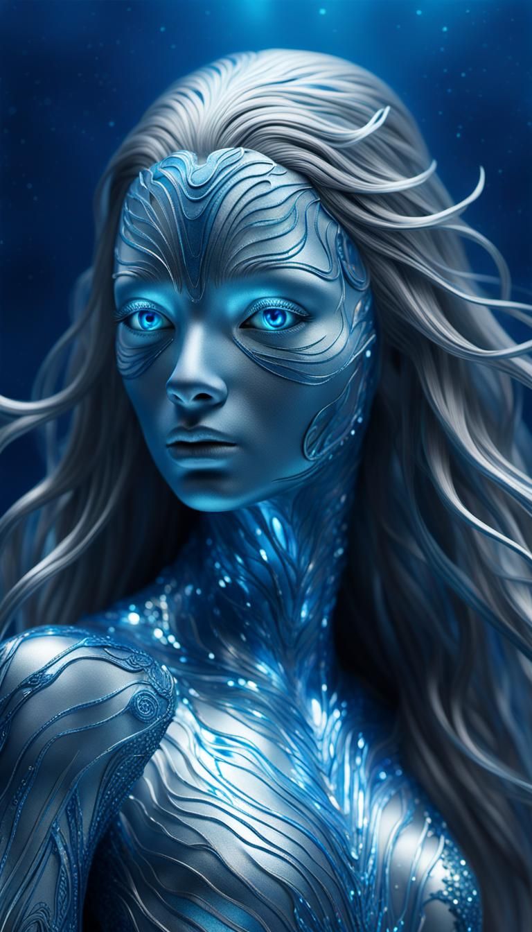 close up, A sleek, technologically advanced Selkie glows wit...