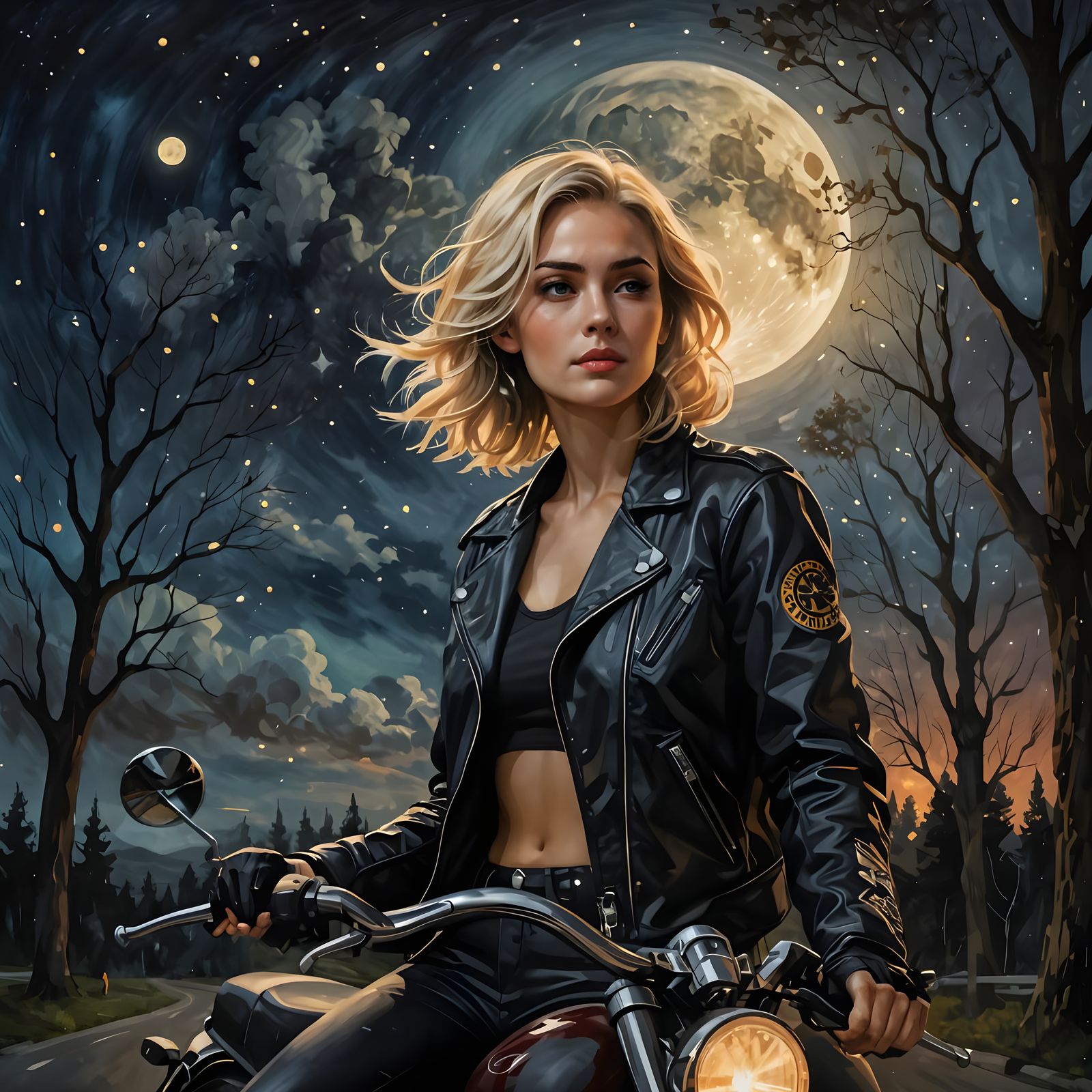 Woman on Sports Bike Under Starry Night
