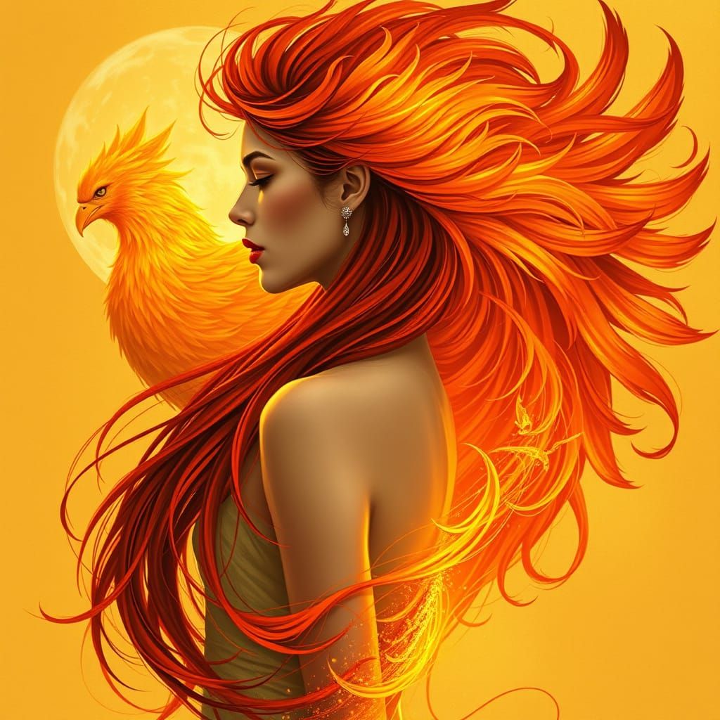 Ethereal Goddess in Profile with Fiery Locks and Phoenix