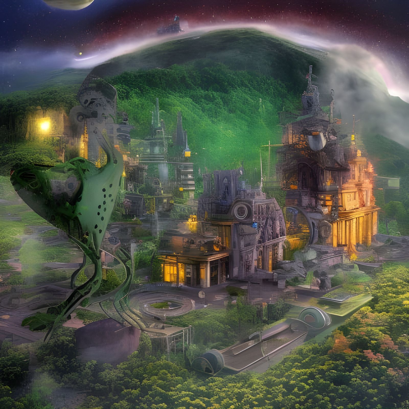 Futuristic Cityscape with Bizarre Creatures in 3D Render