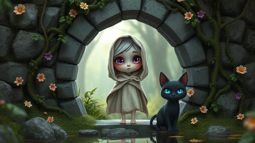 Ghostly Girl and Cat in Mystical Forest, 3D Cartoon
