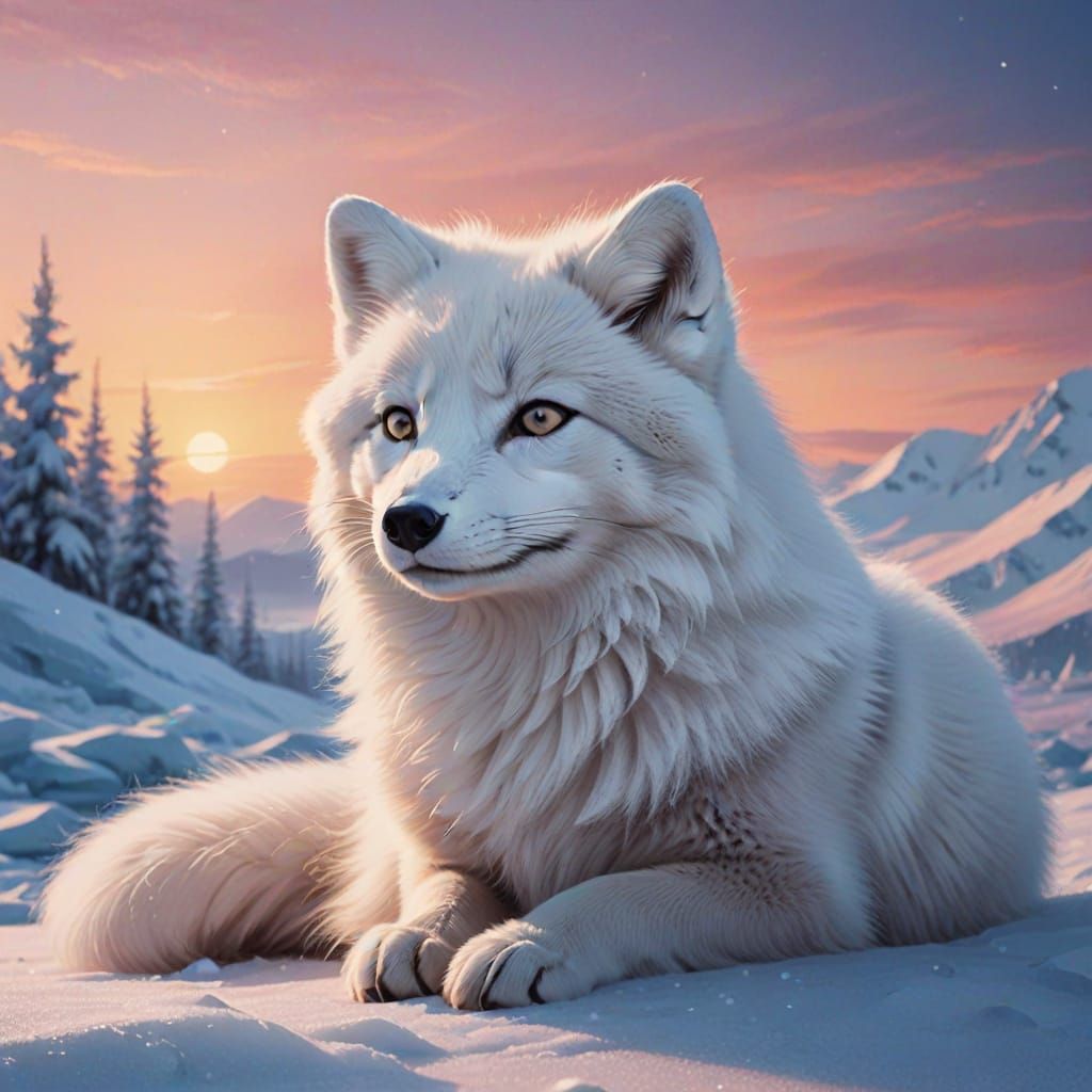 Arctic Fox Rests in Frozen Dawn Glow