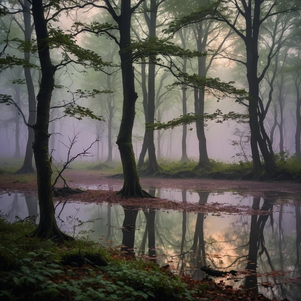 Energetic Forest Scene with Purple-Orange Light