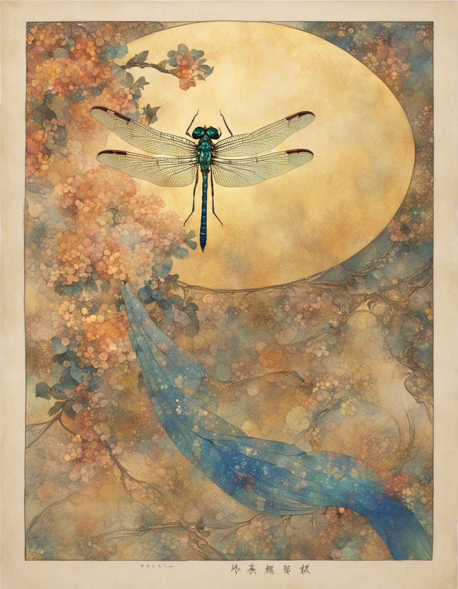 Mystical Dragonfly in Dreamy Bokeh with Chinese Calligraphy
