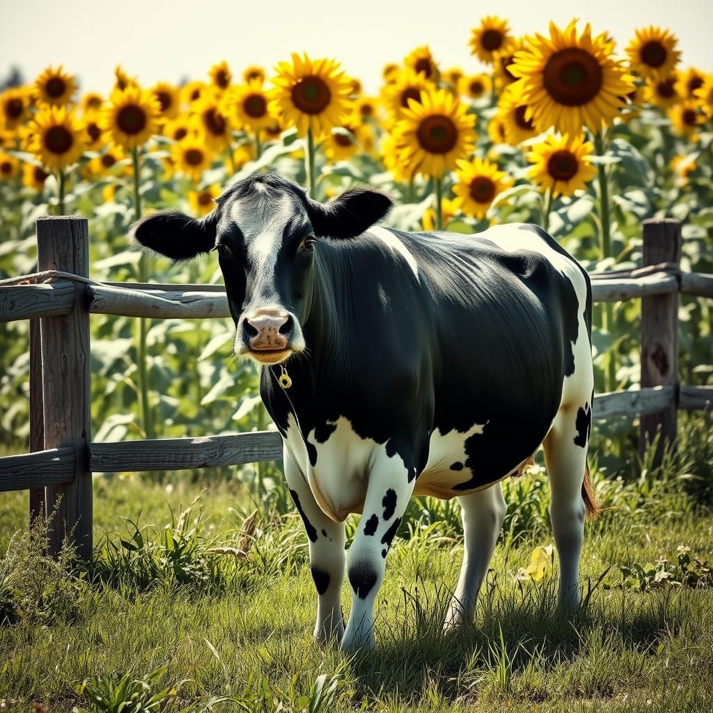 Serenely Grazing Black and White Cow in a Sunflower Meadow