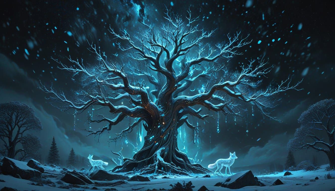 Ancient Snow Storm Tree with Bioluminescent Foxes