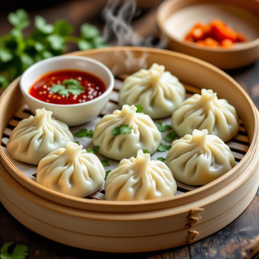 Steaming Hot Momos with Cilantro and Spicy Chutney