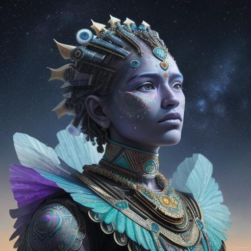 Sentient being, commanding yet kind, looks up and into the distance on a mysterious planet in the galaxy