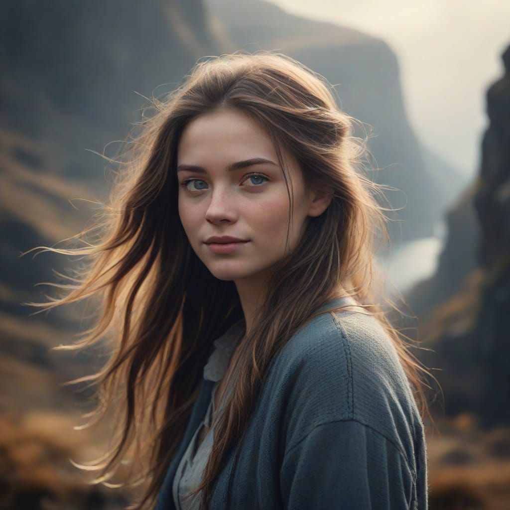 Young Woman Stands at Cliff's Edge, Autumn Misty Atmosphere