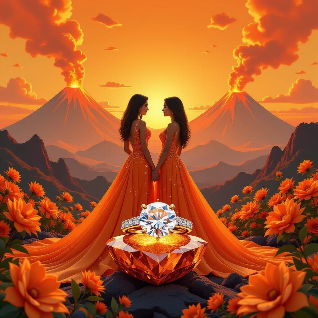 Surreal Orange Crystal Volcano Landscape with Diamond Ring
