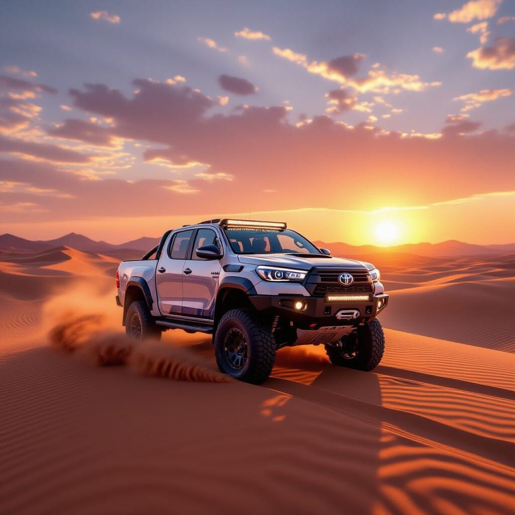 Modified Toyota Hilux in Desert Golden Hour