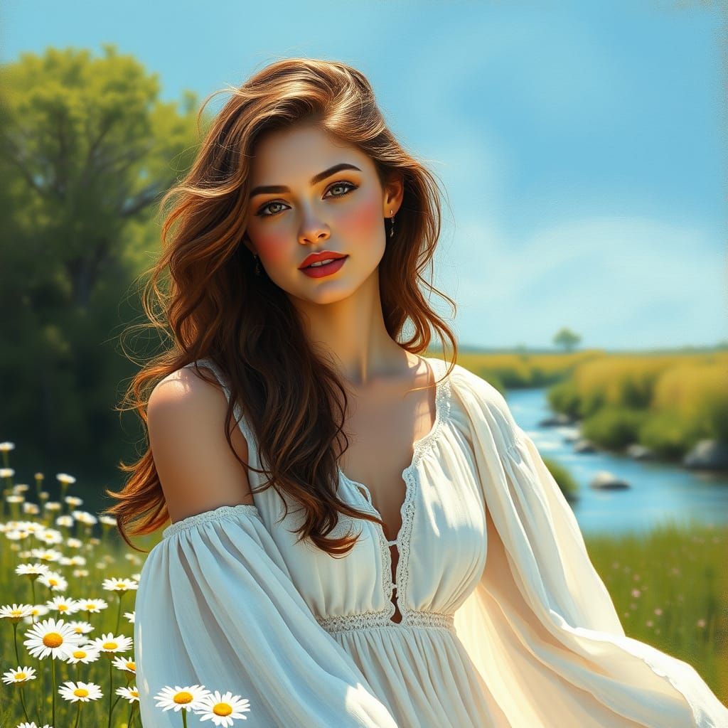 Dreamy Boho Woman in Summer Meadow