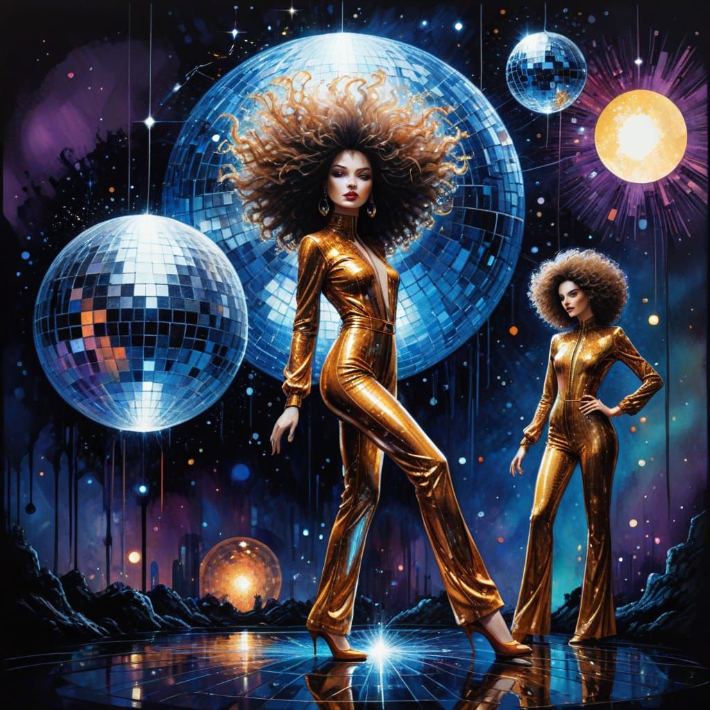 Vibrant Disco Scene in Liquid Ink Style