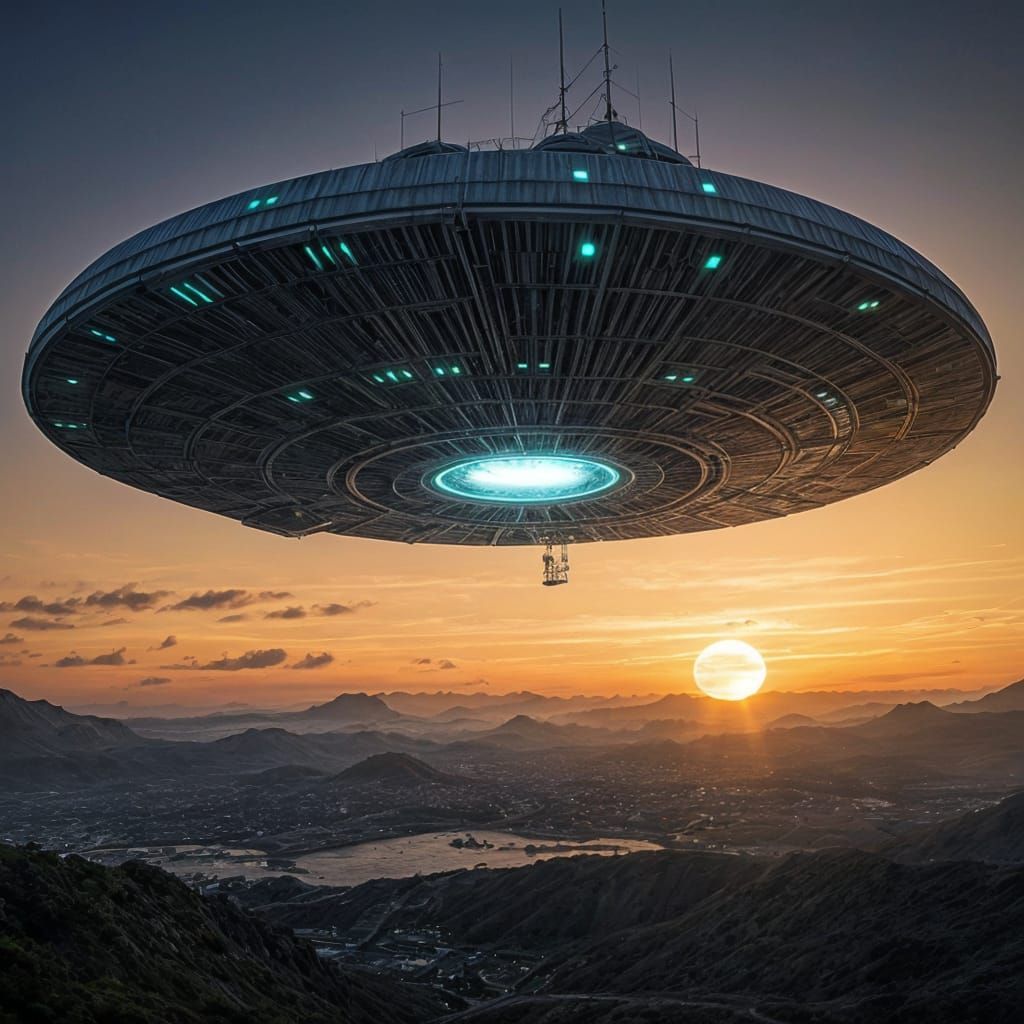 Alien Spaceship Descends Over Sunset Landscape