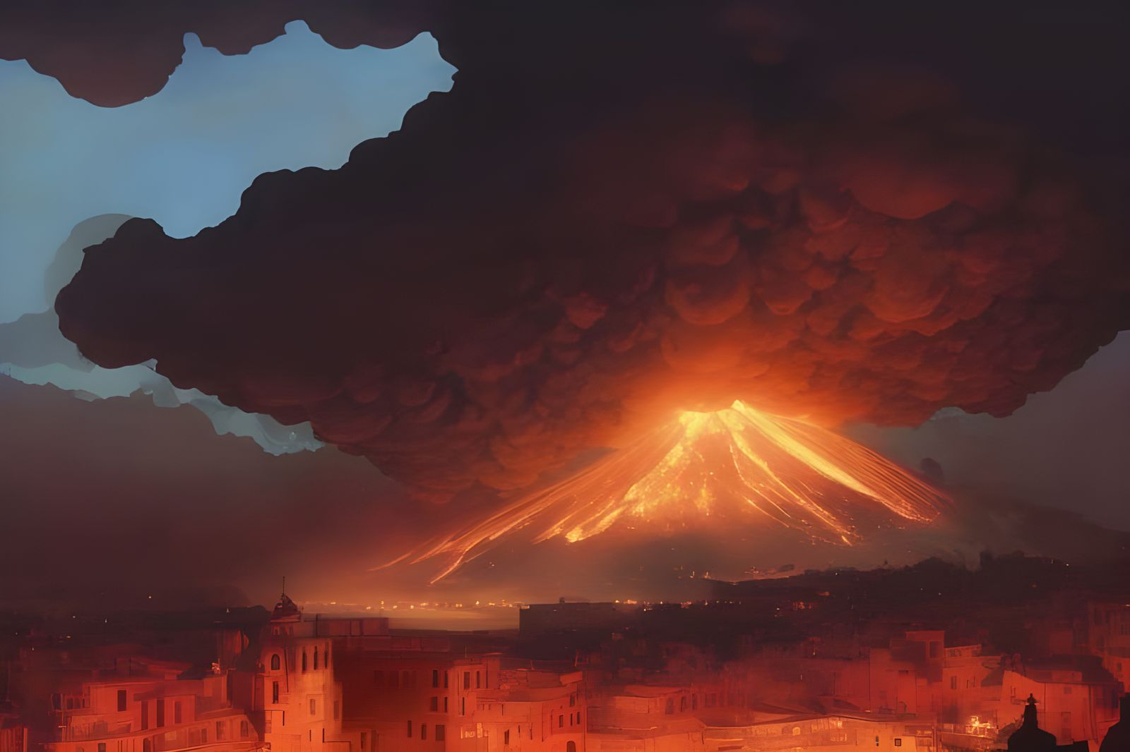 Volcano Eruption over Ancient City in Art Nouveau Style