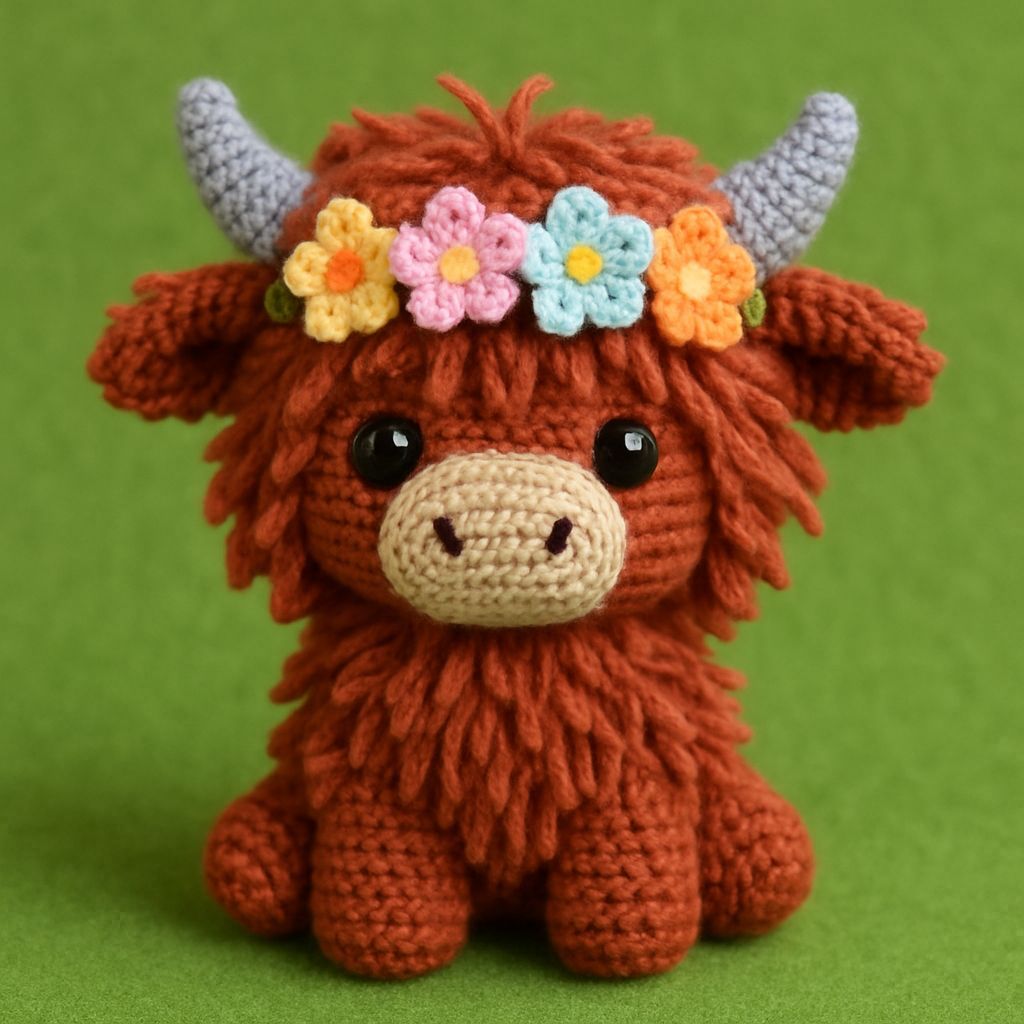 Kawaii Crochet Highland Cow with Flower Garland