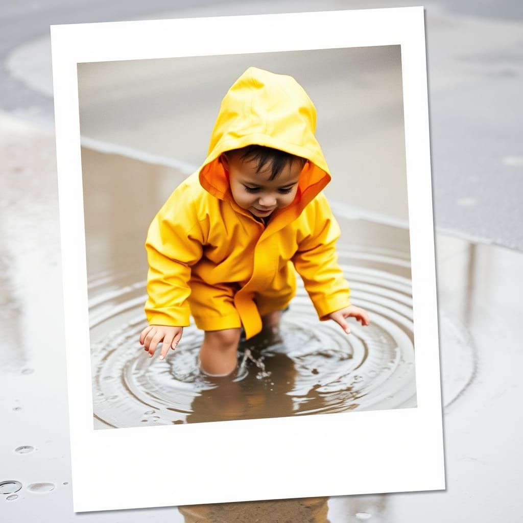Child in Yellow Raincoat Plays in Puddle: Polaroid Style