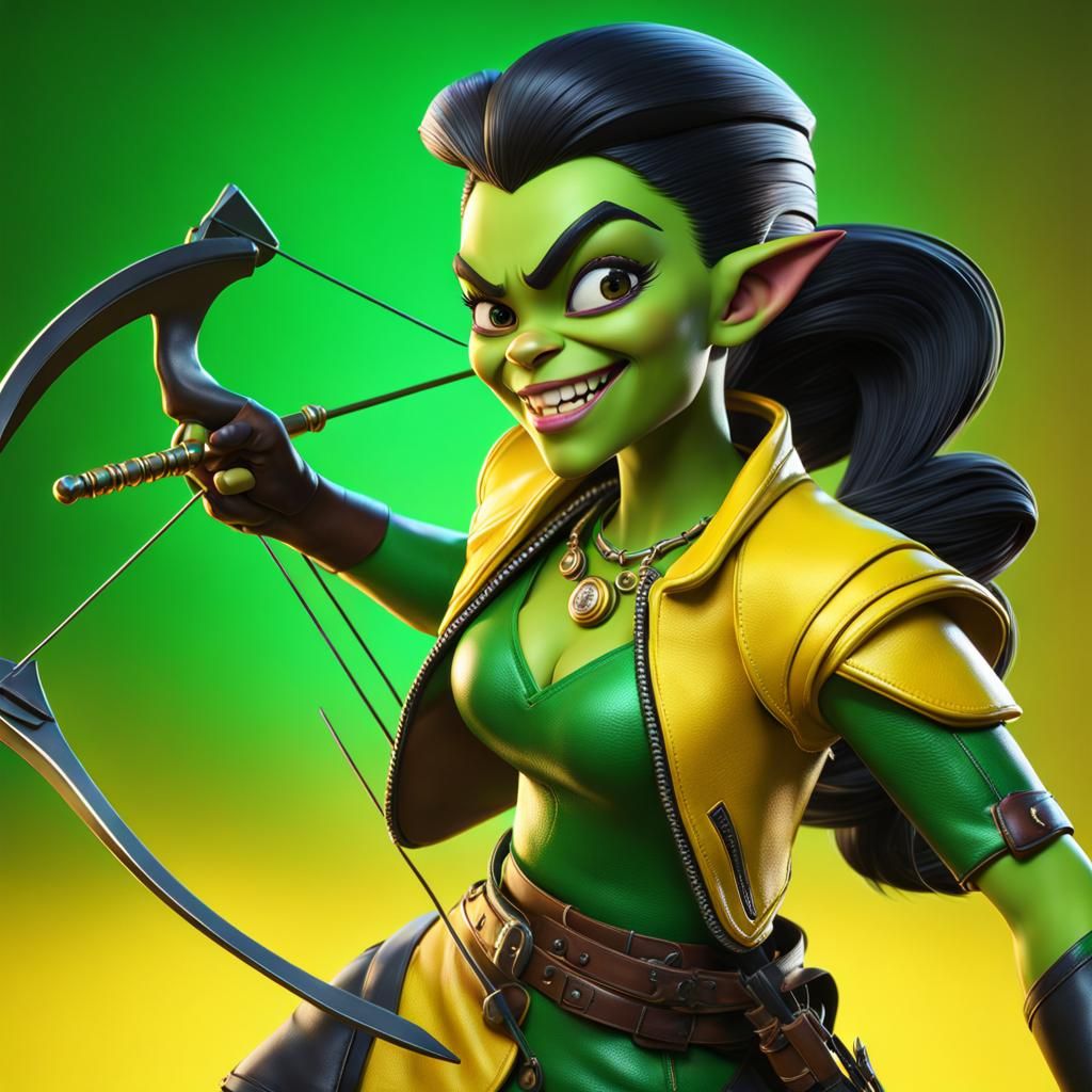 Green Goblin Girl with Crossbow: Pixar-Style 3D Art