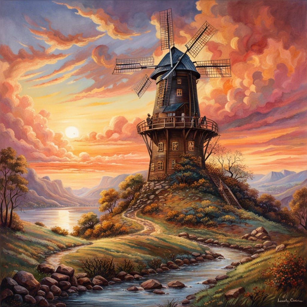Detailed Steampunk Windmill Watercolor at Sunset